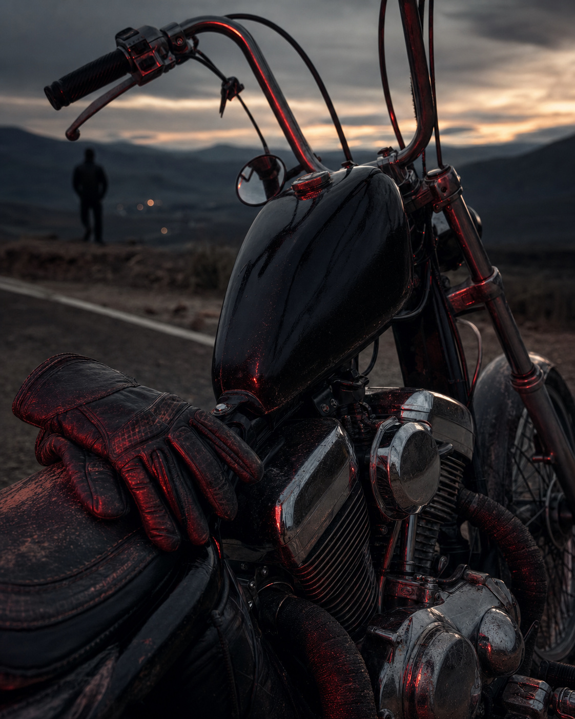 Siyah bir chopper motosikletin krom motoru ve deri sürüş eldivenleri